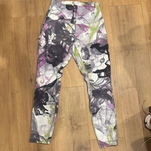 lululemon athletica White Leggings with Black, Purple & Lime Green Smoke Print